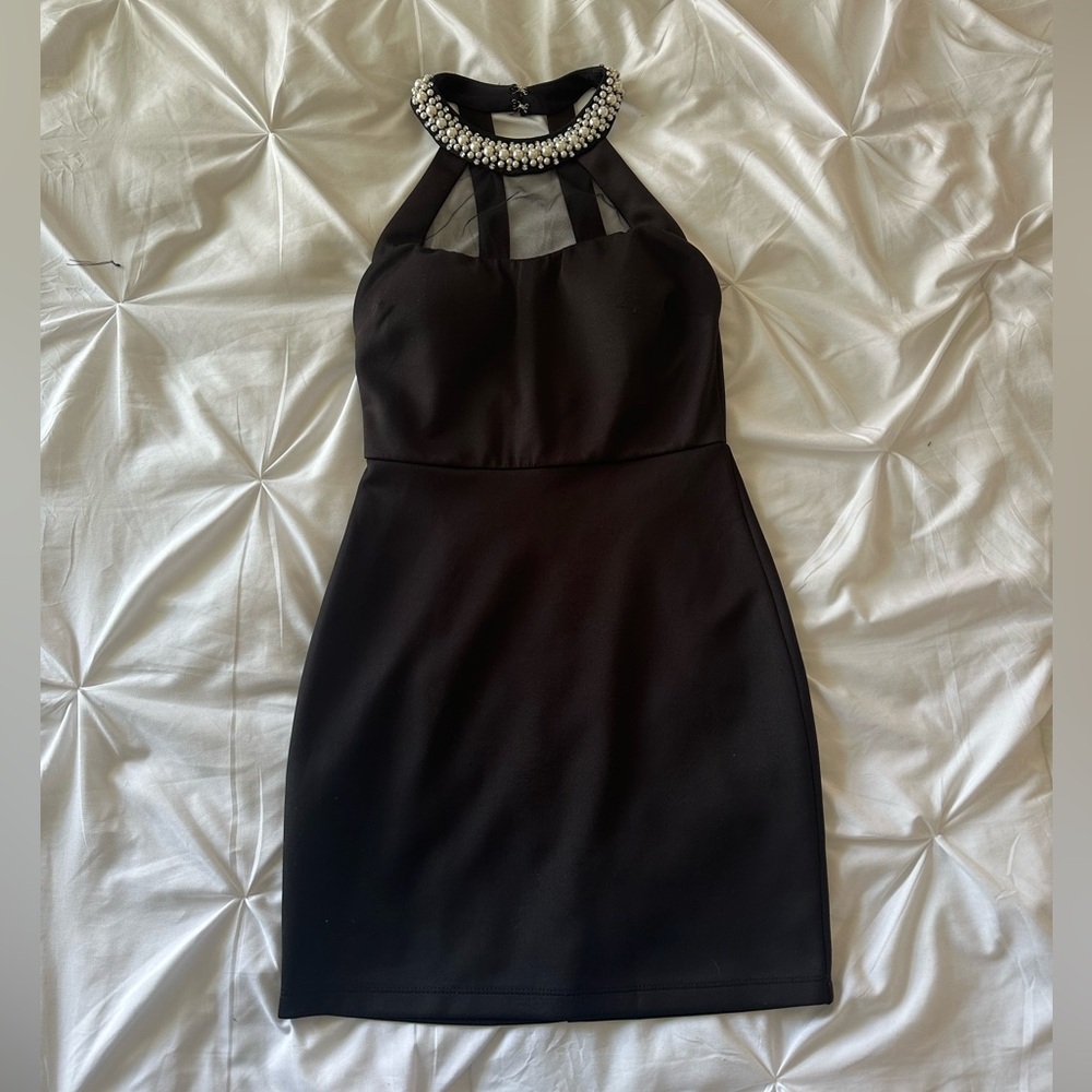 Black Mini Dress with Pearl Details for Formal Events!